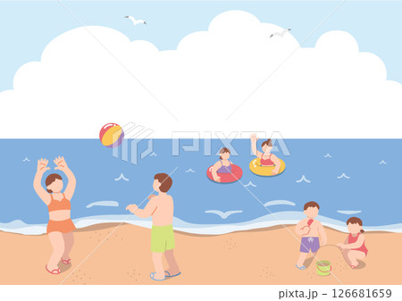 海水浴を楽しむ人物達の風景イラスト 126681659