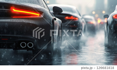 Modern luxury vehicles are driving on a wet highway in heavy rain, creating a sense of danger and adventure, with blurred lights in the background and rain drops splashing on the road 126681818