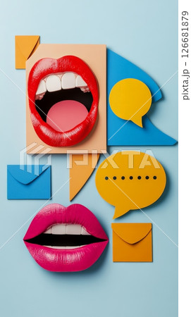 Two colorful mouths and speech bubbles are communicating and gossiping through emails on a vibrant blue background, representing modern communication and social media conversations Two colorful mouths and speech bubbles are communicating and gossiping through emails on a vibrant blue background, representing modern communication and social media conversations 126681879