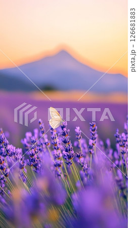 White butterfly standing on lavender flowers in a blooming field at sunset with a mountain on background creates a beautiful and serene natural landscape White butterfly standing on lavender flowers in a blooming field at sunset with a mountain on background creates a beautiful and serene natural landscape 126681883