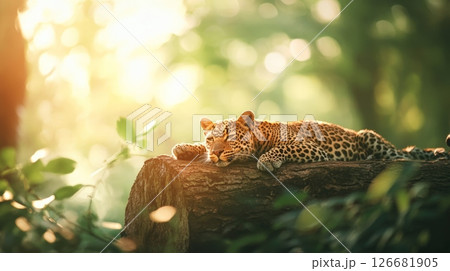 Beautiful leopard is resting peacefully on a log in the jungle, enjoying the warm glow of the setting sun, a captivating scene of wildlife in its natural habitat 126681905