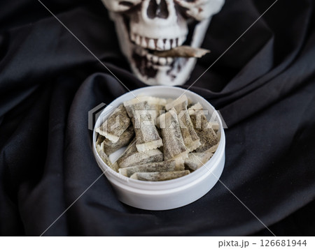 Skull Chewing Tobacco on Black Cloth. Skull Chewing Tobacco on Black Cloth. 126681944