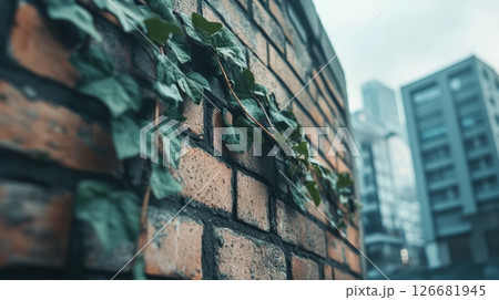 Creeper plant with vibrant green leaves gracefully climbs a weathered brick wall, adding a touch of nature to the urban landscape, with blurred buildings in the background 126681945