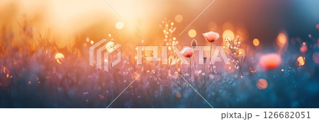 Captivating wildflower meadow bathed in warm sunset hues, with soft bokeh lights creating a serene and dreamy atmosphere. Delicate poppies stand out against the blurred background 126682051