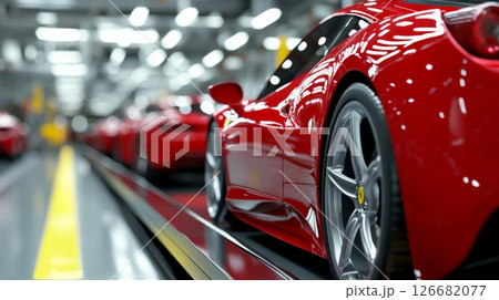 Many shiny new red sports cars are coming out of the production line of a modern car factory, highlighting the efficiency and precision of automotive manufacturing Many shiny new red sports cars are coming out of the production line of a modern car factory, highlighting the efficiency and precision of automotive manufacturing 126682077