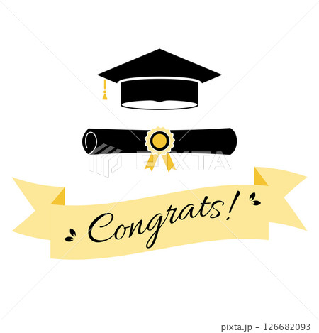 Congrats greeting text with academic cap and diploma. Congrats Graduated. Graduation design, card, poster. Class of 2025. Vector illustration. 126682093