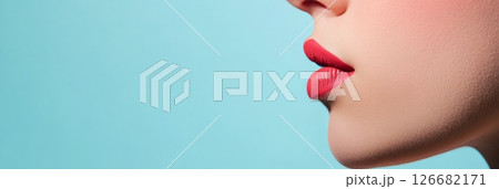 Close up of female model's lower face, highlighting full, red painted lips against a vibrant blue backdrop, emphasizing beauty, cosmetics, and lip care 126682171