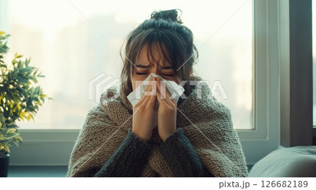 Wrapped in a warm blanket, a young woman suffering from a cold or flu blows her nose with a tissue while sitting by the window in her home, seeking comfort and fresh air 126682189