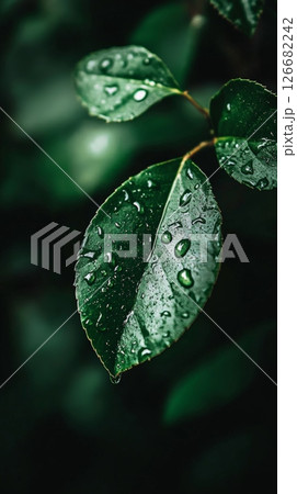 Close up of vibrant green leaves sparkling with water droplets, highlighting the refreshing beauty of nature after rainfall and evoking a serene atmosphere 126682242