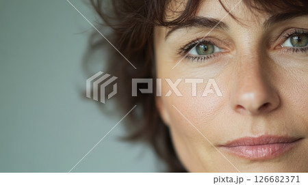 Half face portrait of a middle aged woman with green eyes and short brown hair showing confidence and wellness, ideal for beauty, cosmetics and health projects 126682371