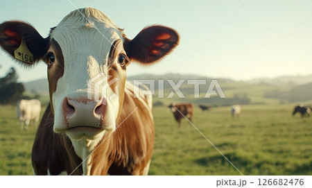 Brown and white guernsey cow standing in a green pasture with other cows grazing in the background, illuminated by warm sunset light, creating a peaceful farm scene 126682476