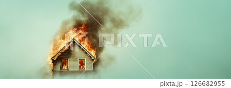 Flames engulfing the roof of a wooden house create a thick plume of smoke against a striking teal sky, illustrating the chaos and destruction of a devastating house fire 126682955