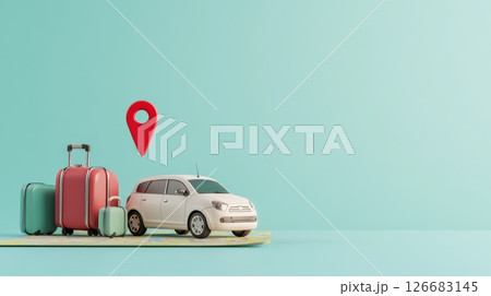 Miniature white car and luggage resting on a map with a large red location pin hovering above, symbolizing navigation and travel planning using online maps Miniature white car and luggage resting on a map with a large red location pin hovering above, symbolizing navigation and travel planning using online maps 126683145