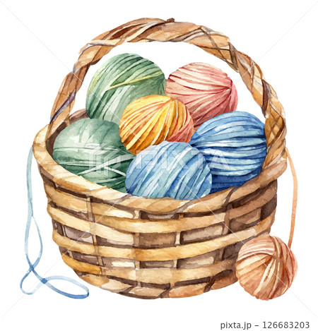 Basket with threads. Yarn, Handmade, Knitting. Watercolor on white 126683203