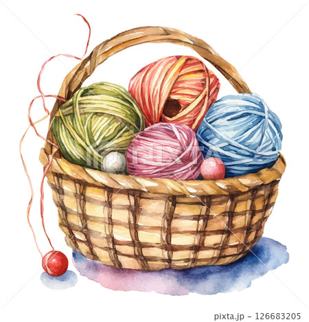 Basket with threads. Yarn, Handmade, Knitting. Watercolor on white 126683205