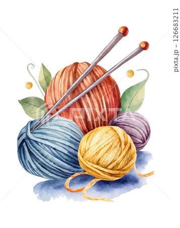 Balls of Yarn, Knitting Threads. Handmade, Watercolor on White 126683211