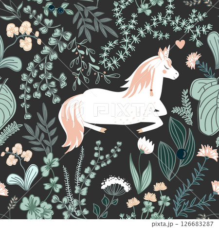 Seamless vector pattern with unicorns and magic plants. Vintage fairy background. Vector illustration. 126683287
