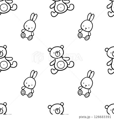 Seamless pattern with cute bear and bunny toy. Vector outline monochrome doodle illustrations on white background 126683391