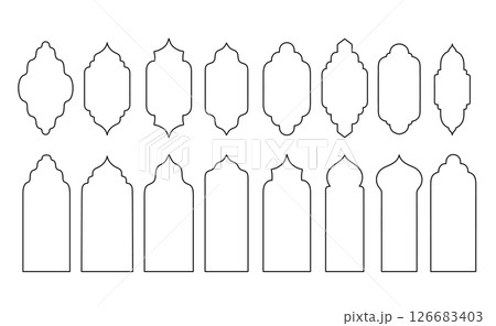 Islamic line frame, shape, design template, vector outline element. Collection of oriental style arab windows and arches, set isolated on white background Islamic line frame, shape, design template, vector outline element. Collection of oriental style arab windows and arches, set isolated on white background 126683403