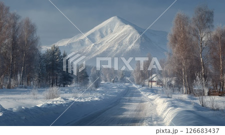 Winter Landscape with Snowy Mountain and Forest Path 126683437