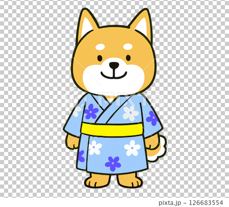 Shiba Inu wearing a light blue yukata with a floral pattern 126683554