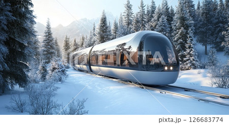 Modern High-Speed Train Gliding Through Snowy Forest Landscape in Winter Season Modern High-Speed Train Gliding Through Snowy Forest Landscape in Winter Season 126683774