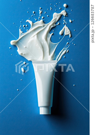 Clean beauty cream tube with white lotion splash on bright blue background for skincare advertising 126683787