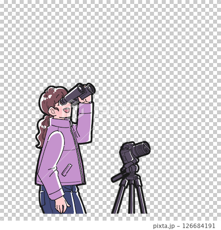 一位女士用相機拍攝夜空的插圖 126684191