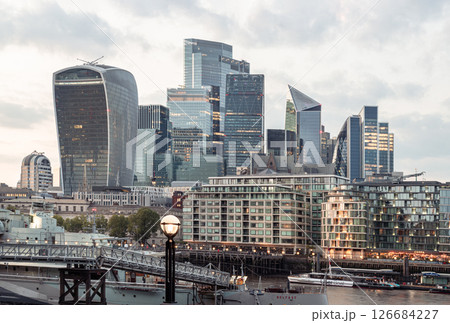 Gorgeous view of The Skyscrapers of Financial District by River Thames. 126684227