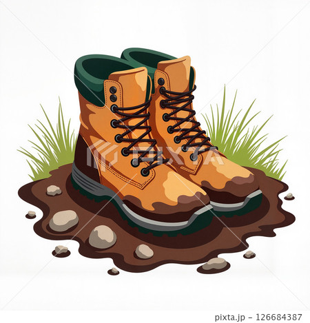 Rugged hiking boots stuck in muddy trail, adventure symbolism 126684387