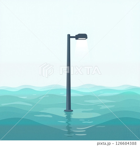 Submerged street lamp in tranquil waves, symbol of resilience 126684388