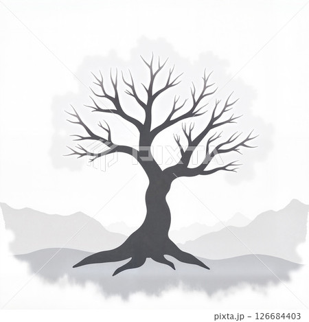 Lone gnarled tree emerging from fog in expansive landscape, resilience 126684403