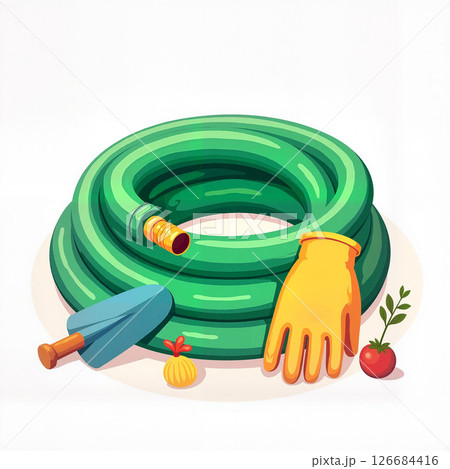 Colorful garden hose and tools in vibrant setting, gardening purpose Colorful garden hose and tools in vibrant setting, gardening purpose 126684416