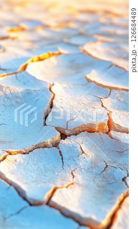Cracked arid ground surface with flowing water showcasing bright tones in detailed close up 126684489