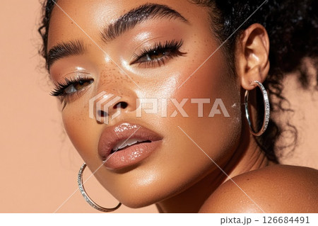 Close up of a model showcasing minimalist silver earrings against a soft background 126684491