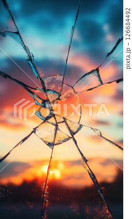 Cracked mirror reveals glowing sunset contrasting with dark stormy skies 126684492