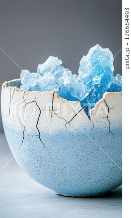 Cracked ceramic bowl presents glowing crystals under bright light in photorealistic detail 126684493