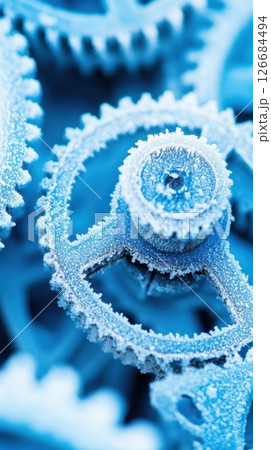 Frost covered gears and glowing circuits create a stunning fusion of technology and nature 126684494