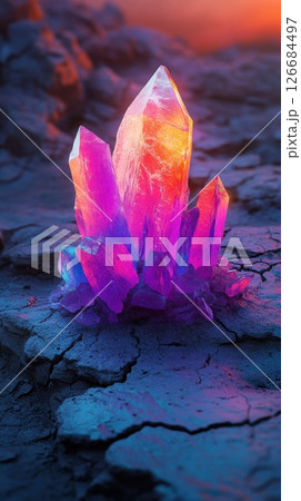 Glowing crystal emerges from cracked muddy ground in vibrant colors 126684497