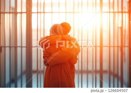 Emotional reunion between prisoner and family member in bright visitation area 126684507
