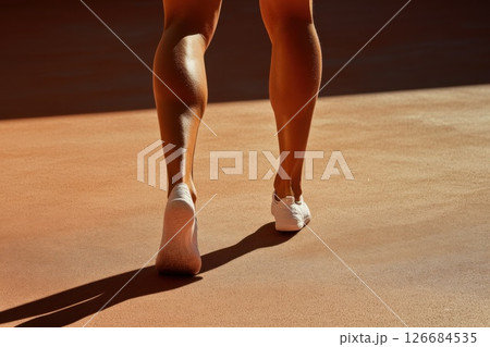 Muscular athlete preparing to sprint on the track under bright sunlight 126684535
