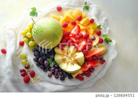 Bright and colorful fruit platter arrangement featuring berries melons and grapes 126684551