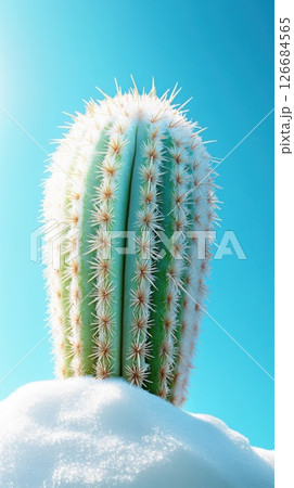 Frost covered desert cactus shines bright under sunny daylight on sandy dunes 126684565