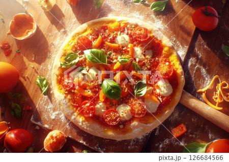 Creating a delicious pizza with fresh ingredients and vibrant colors perfect for a family gathering 126684566