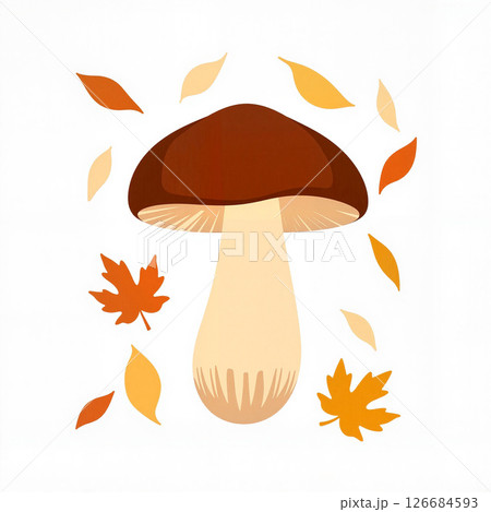 Single porcini mushroom surrounded by autumn leaves, seasonal nature 126684593
