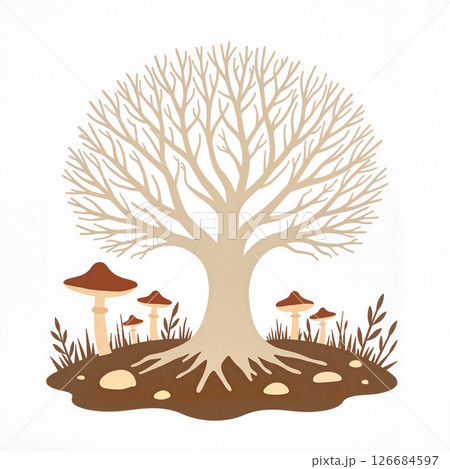 Intricate mycelium network with mushrooms on forest floor, organic growth 126684597
