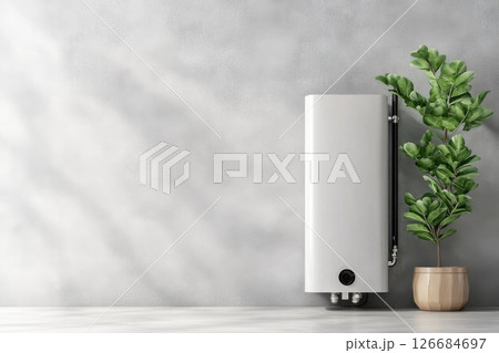 Industrial style bathroom corner with tankless water heater and modern decor elements 126684697