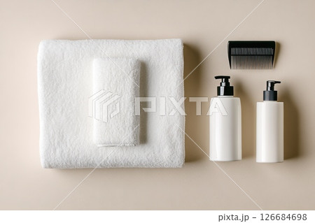 Neatly arranged bathroom counter setup showcasing skincare products and grooming essentials 126684698