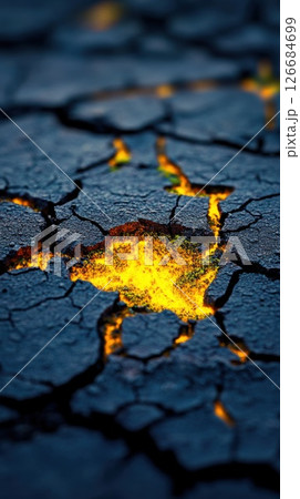 Vivid moss illuminates cracked asphalt in a striking detailed view at twilight 126684699