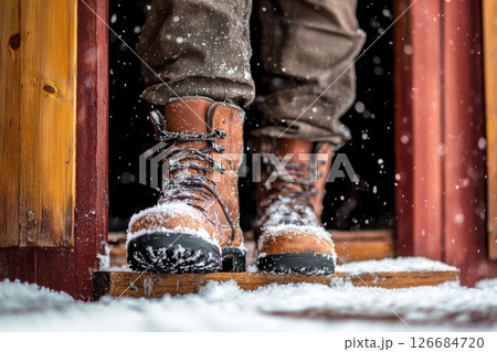 Mans boots entering rustic cabin with snow melting in winter setting 126684720